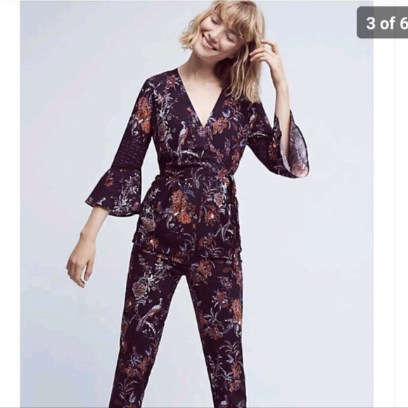 ANTHROPOLOGIE Maeve Espoir Jumpsuit Purple Bird Floral BellSleeve Romper 6p Us@L - Picture 3 of 11
